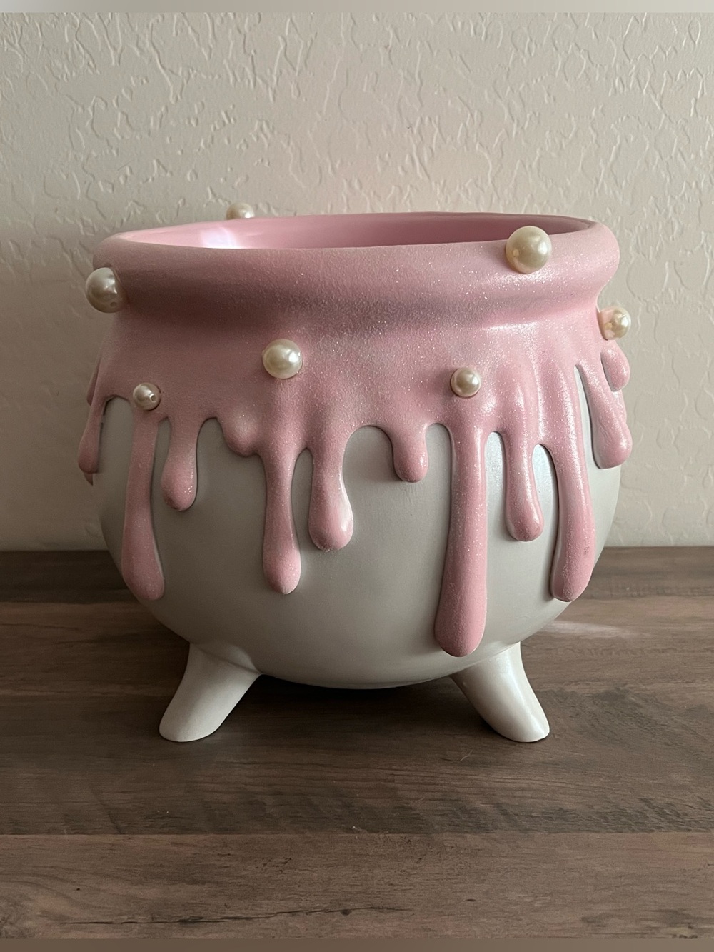 Pink & White Dripping Witch Cauldron w/ Pearl & Glitter Accents Halloween